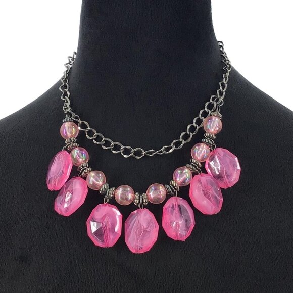 Beaded Fringe Necklace Fun Flirty Pink Silver Tone Adjustable Length - Picture 1 of 2